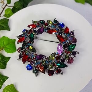 Large Statement Silver with Multi Color Crystal Stones Pin Brooch / Pendant New